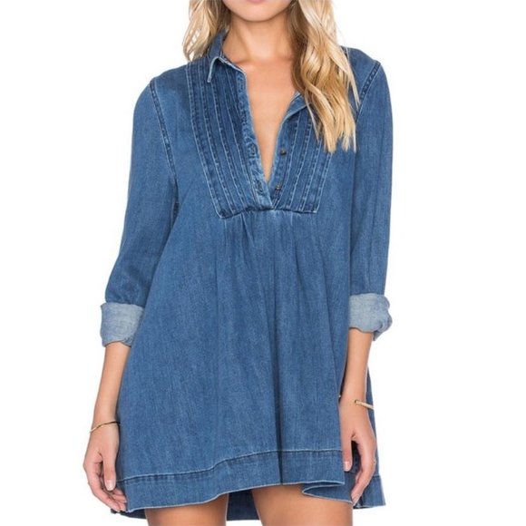 Free People size Large Blue Denim pleated baby doll tunic - Picture 2 of 6
